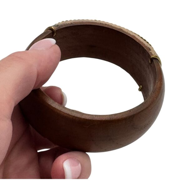 Vintage Wood Bangle Bracelet W/ Gold-Tone Crescent Moons & Red Rhinestones - Picture 3 of 5